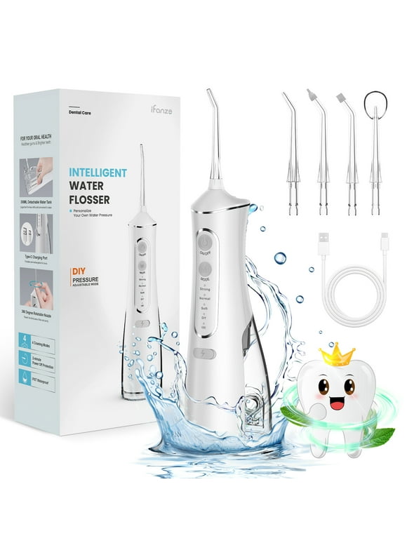 iFanze Cordless Water Flosser, Rechargeable Oral Irrigator with 300ml Water Tank, 4 Cleaning Modes & 4 Tips, Portable Dental Water Flosser for Travel Home Office, White