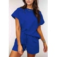 thumbnail image 4 of Women'S 2 Piece Solid Color Round Neck Casual Textured Fabric Short Sleeve Pajamas Sweatsuit Set Blue L, 4 of 7