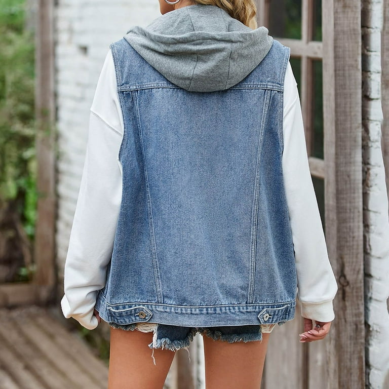 BLVB Hooded Denim Jean Vest for Women Oversized Sleeveless Button