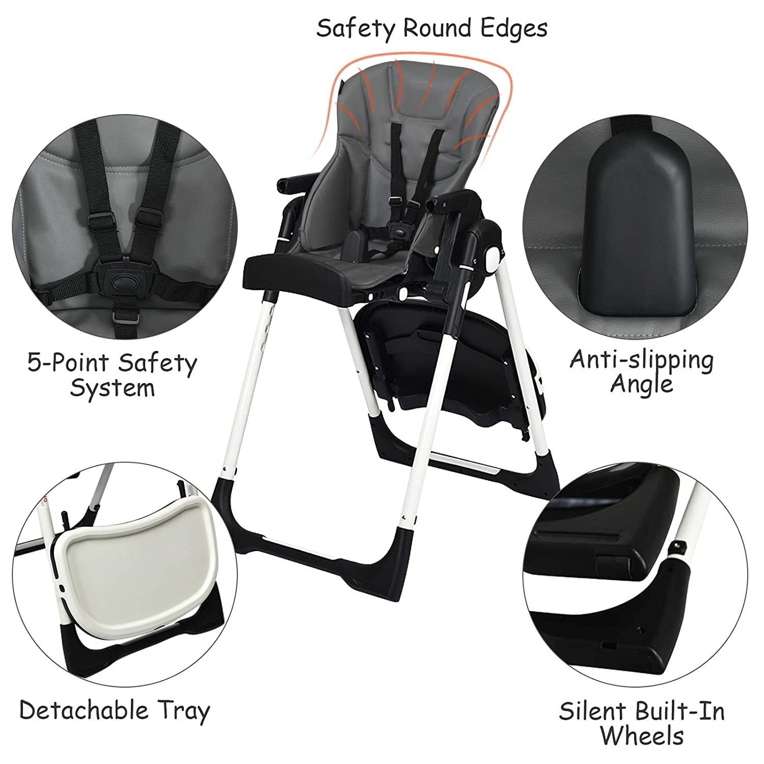 INFANS High Chair for Babies & Toddlers, Foldable Highchair with Multiple Adjustable Backrest, Footrest and Seat Height, Removable Tray, Detachable PU Leather Cushion, Built-in Rear Wheels (Gray)