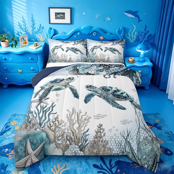jejeloiu Watercolor Sea Turtle Full Size Comforter Sets,Ocean Coral Starfish Bedding Comforter Set For Boys,Light Blue,Navy Blue Reversible,3pcs,1 Comforter and 2 Pillowcases
