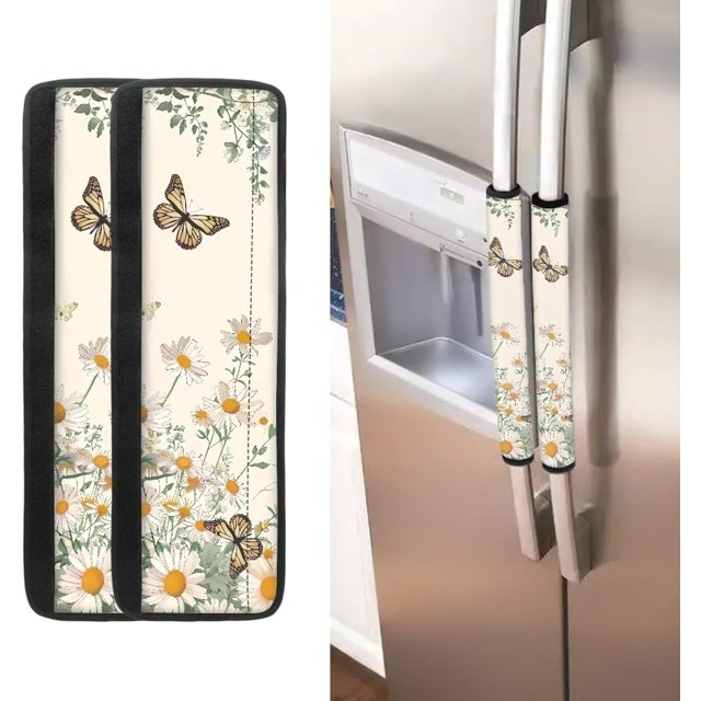 NETILGEN Daisy Floral Butterfly 2 Pieces Refrigerator Door Handle Covers Set Non-Slip Kitchen Appliance Fridge Dishwashers Microwave Door Handle Covers