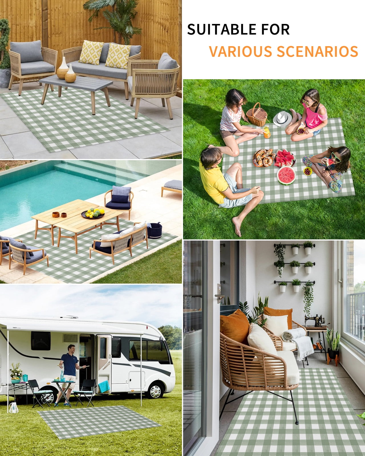 Outdoor Rug 6x9 ft Rustic Checkered Plaid Waterproof Outdoor Patio Rug Mat Non Slip Outside Area Rugs Carpet for RV,Camping,Porch,Deck,Pool,Balconybackyard,Sage Green