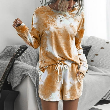 

Women S Sets Clearance Women S Tie T-Shirt Round Neck Long Sleeve Shorts Pajamas Long Sleeve Top Short Sleeve Suit Two Piece Set Orange L