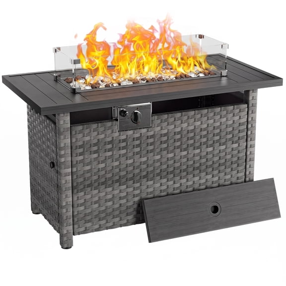 JULY'S SONG 44" Rectangular Propane Fire Pit Table, 60,000 BTU CSA Certified Outdoor Gas Fire Pit for Outside, PE Wicker Fire Table with Glass Wind Guard