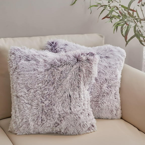 Bilot Set of 2 Shaggy Long Hair Throw Pillows - Super Soft and Plush Faux Fur Accent Pillows - 18 x 18 inches, Purple Ombre