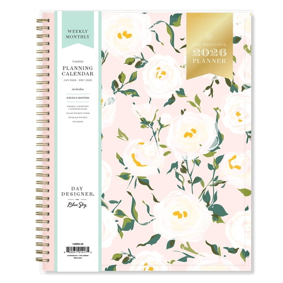 Blue Sky Day Designer 2026 Weekly and Monthly Planner Calendar, January 2026 - December 2026, 8.5" x 11", Clear Pocket Cover, Durable Twin Wire Binding, Storage Pocket, Stickers, Coming Up Roses