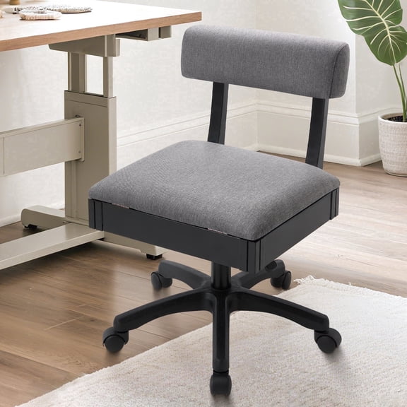 Adjustable Height Sewing Chair with Backrest, Hydraulic Armless Sewing Professional Craft Chair with Wheels and Under Seat Storage for Crafting ，Sewing Room Furniture，Dark Grey