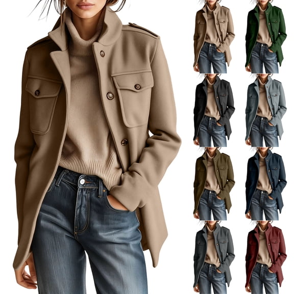 TGSLY Fall Wool Blend Jacket for Women Lightweight Stand Collar Button Down Long Sleeve Overcoat Loose Casual Solid Color Padded Shoulder Coat S