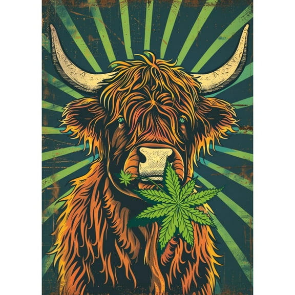 Cute Highland Cow and Green Leaf DIY 5D Diamond Art Paint with Full Drill Round Diamond Gems Painting by Number Kits for Adults Art Craft Home Wall Decor 11.8x15.8in