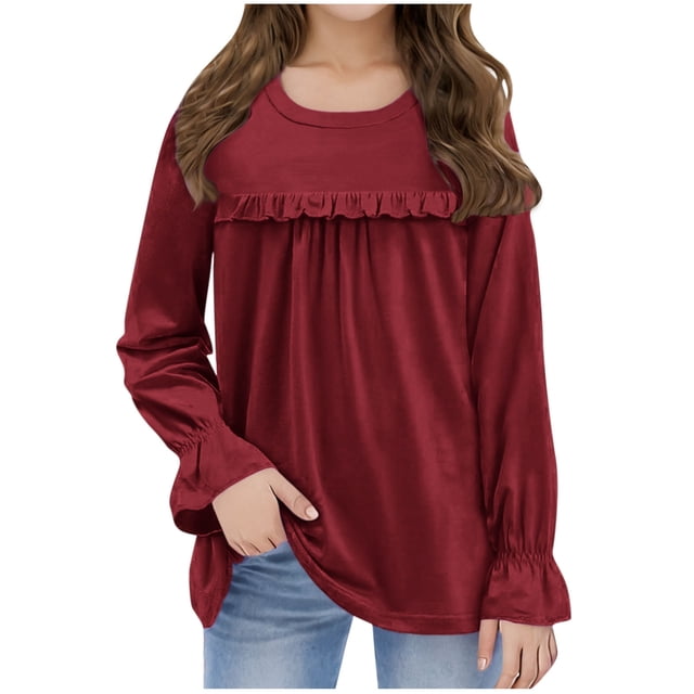 FAIWAD Girls Ruffle Long Sleeve Tops Casual Ruffle Crewneck Comfy Pullover Kids Going Out Cute Tees 5-13Y