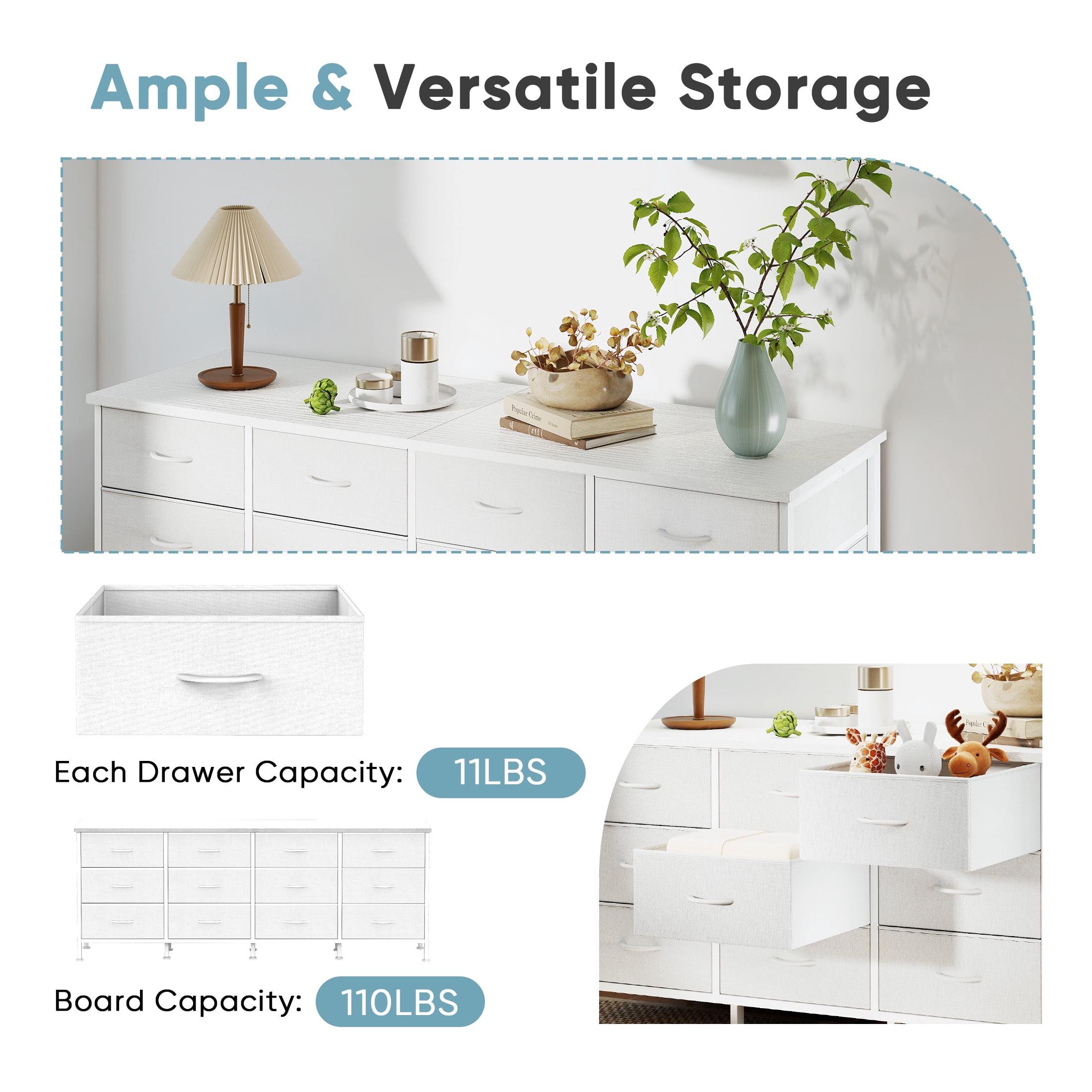 CONCETTA 12 Drawer Storage TV Dresser, Metal Frames Resist Deformation, Adjustable Feet Prevent Tipping, Accommodates TV Up to 80 inch, Suitable for Living Room, White