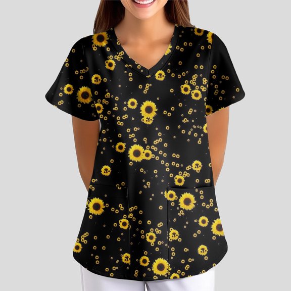 Iaqnaocc Scrubs for Women Funny Floral Print Nurse Uniforms Trendy V-Neck Side Slits Scrub Tops Party Short Sleeve Tees Blouse with Pockets Multicolor 5XL