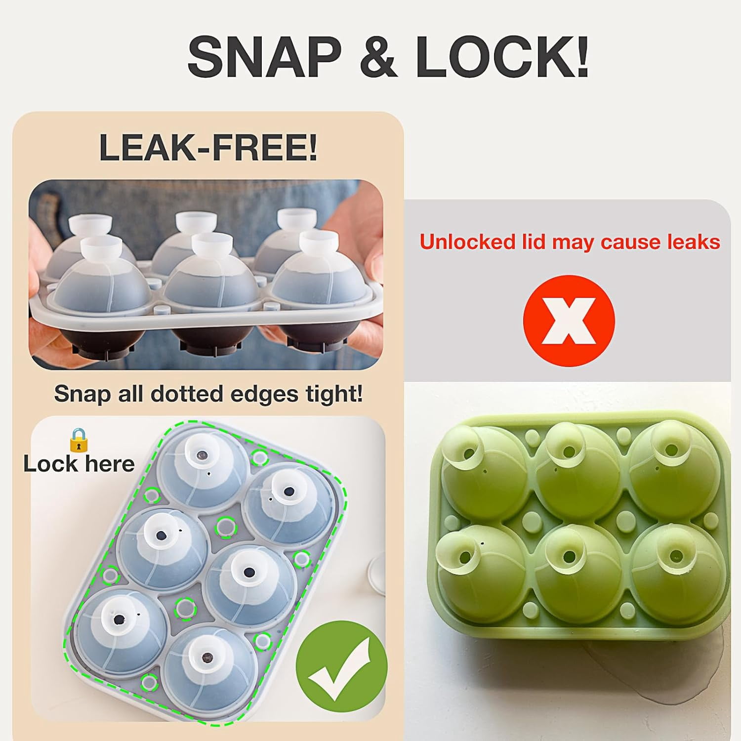 Large Square Ice Molds with Sealed Lid & Clamp, Silicone Ice Cube Trays (Set of 2) - 6pcs Big Square & 6 pcs Ball Ice Maker for Whiskey, Cocktails and Coffee, Keep Drinks Chilled, BPA-Free