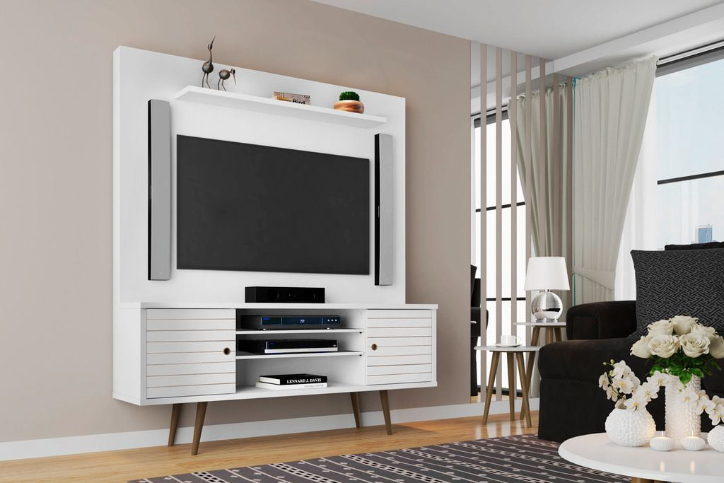 Manhattan Comfort Liberty 63" Freestanding Entertainment Center with Overhead Shelf in White
