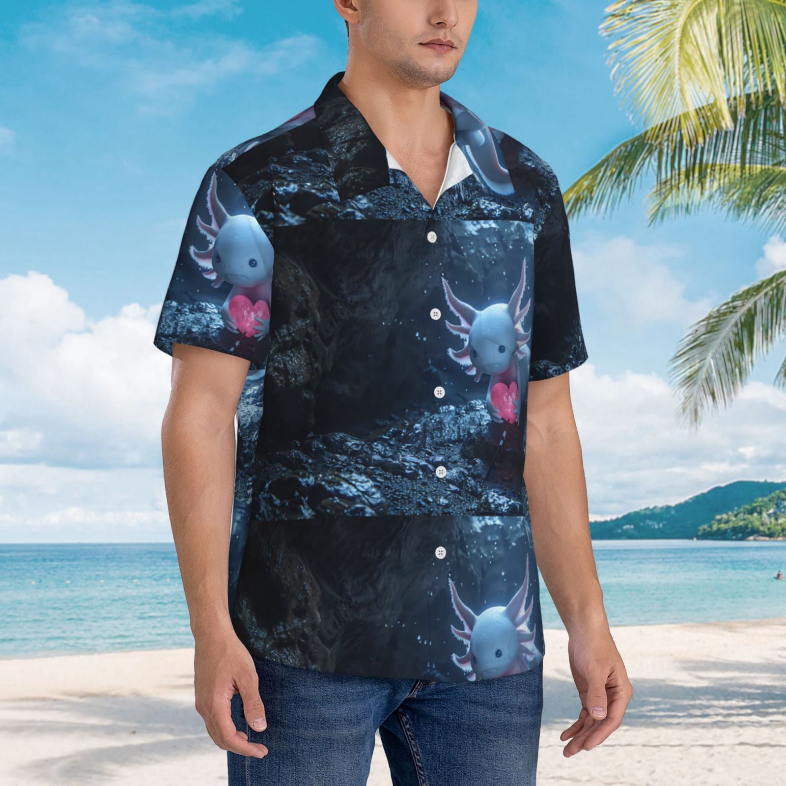 Logiee Heart Axolotl Print Mens Hawaiian Shirts,Loose-Fit Short Sleeve Button Down Tropical Aloha Beach Shirt,Summer Vacation Wedding Tops,Medium