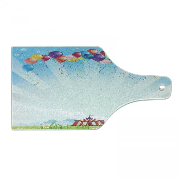 Circus Cutting Board, Circus Under the Clear Sky with Bunch of Balloons Wildflowers Grassland Traveling, Tempered Glass Cutting and Serving Board, Wine Bottle Shape, Multicolor, by Ambesonne