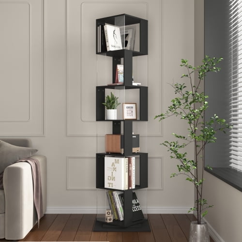 6 tier Rotating Bookshelf, Floor Rack Simple Bookcase with Acrylic plate Student Multi-Function Creative Bookshelf for Living Room