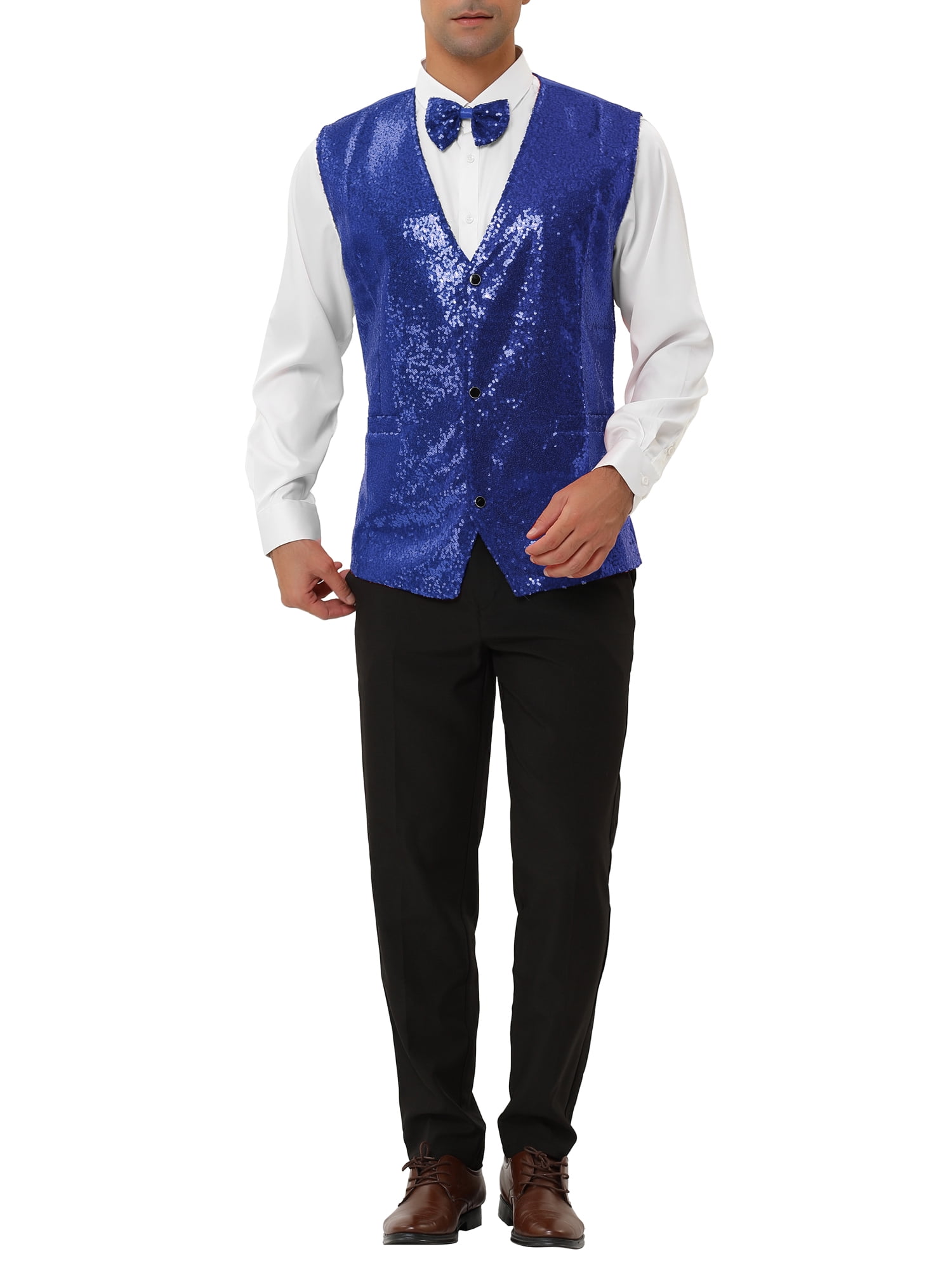 Unique Bargains Men's Disco Shiny Sequin Vest Suit Waistcoat Set with Bow Tie M Blue