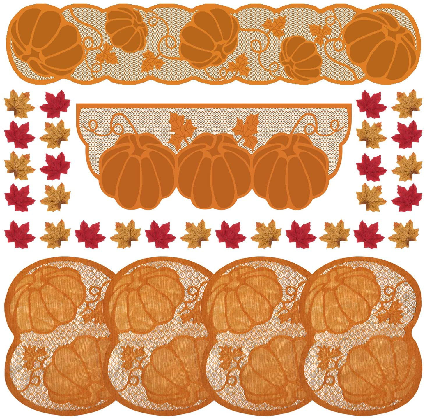Lace Pumpkin Maple Leaves Fireplace Mantle Scarf Table Runner with Table Placemats and Artificial Maple Leaves for Fall Harvest Decor Thanksgiving Party FEPITO 106 Pcs Thanksgiving Decorations Set 