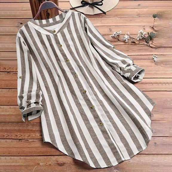 Fall New Trendy 2024!Brilliant Womens Dress Blouses Printed Buttons Casual Loose Plus Size Pockets Shirts Tops Long Sleeve Blouses Outerwear Brown S