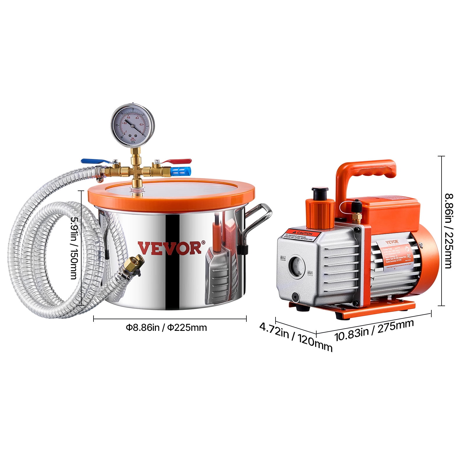 VEVOR 1.5 Gal Vacuum Chamber and 3.5 CFM Pump Kit, Stainless Steel Chamber, Single Stage Vacuum Pump Degassing Chamber Kit, with Acrylic Lid, Oil, 4.92 ft Hose,for Degassing Resin Silicone Epoxies