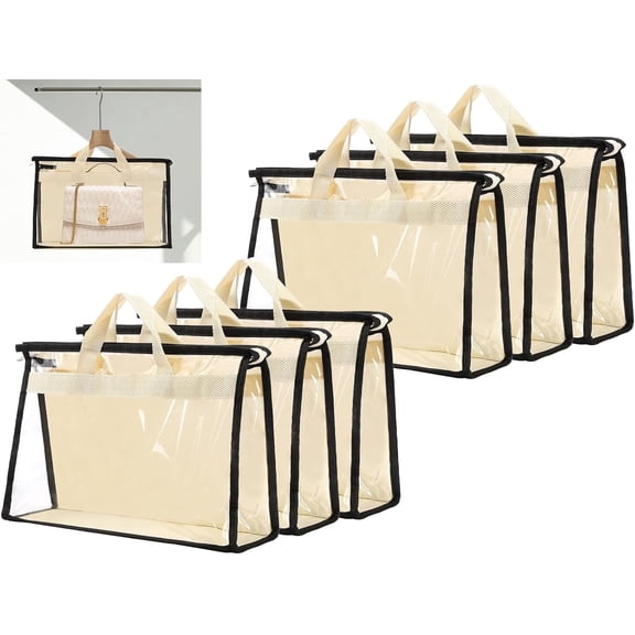 Dust Bags for Handbags,6 Pack Clear Handbag Storage Organizer,Purse Storage Bag with Zipper and Handle,Handbag Dust Bags for Closet Hanging Storage (6pcs L)