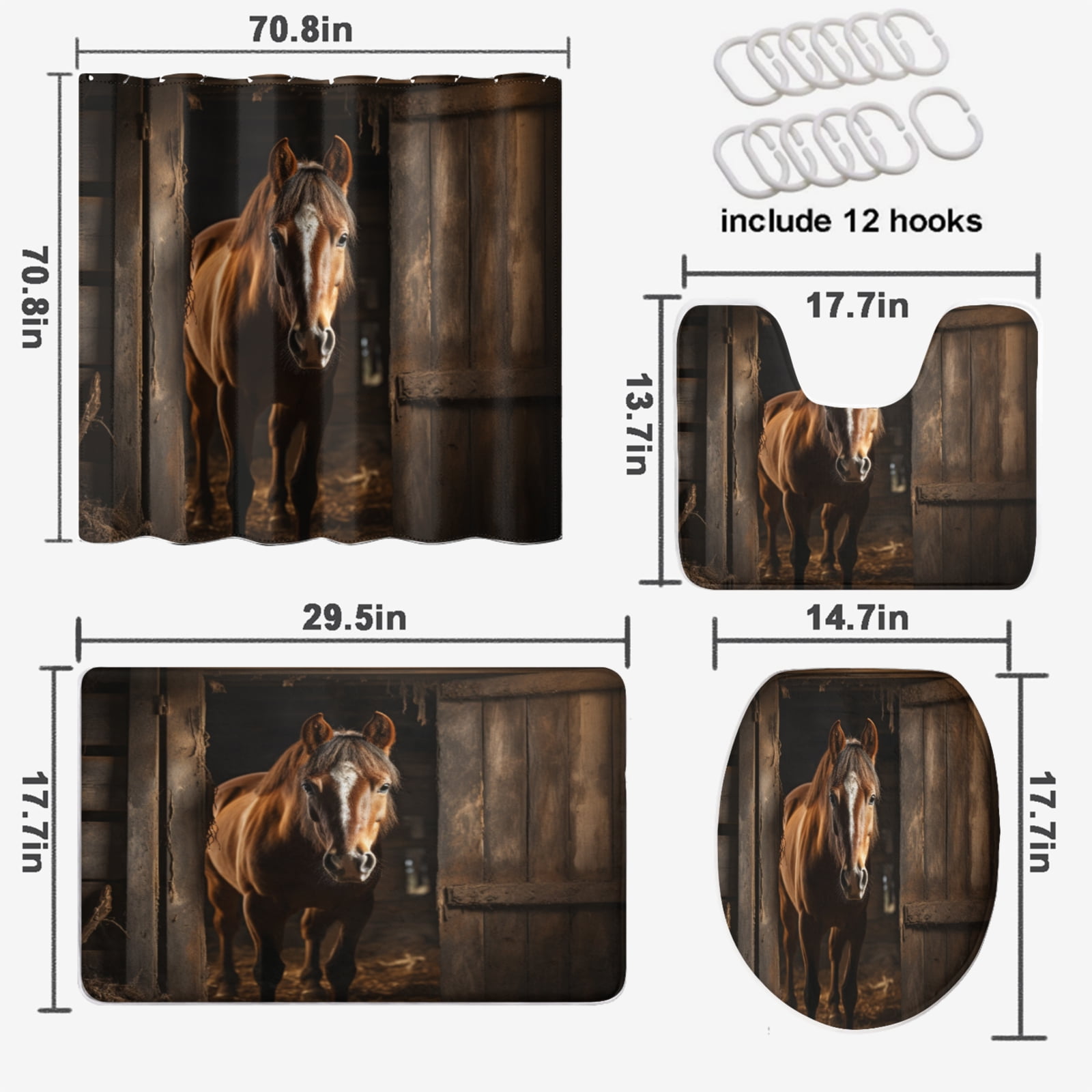 Farmhouse Horse Shower Curtain Set with Rugs Western Rustic Wildlife Animal Country Vintage Wooden Barn with 12 Hooks, Bath Mat Set Bathroom Decor by Durable Waterproof Fabric, 72x72 Inch