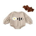 thumbnail image 2 of Baby Girls Romper Set  Long Sleeve Crew Neck Flower Letters Print Romper with Bowknot Hairband, 2 of 9