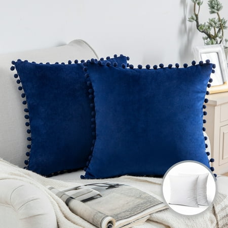 Phantoscope Pom Pom Velvet Series Decorative Throw Pillow, 18" x 18", Navy Blue, 2 Pack