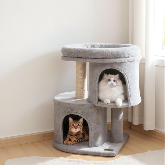 Yardi Yarda 26" Tower w/Large Padded Perch & Dual Condos, Corner Cat Tree, Cat Climbing Tower, Cat Towers for Indoor Cats-Light Gray