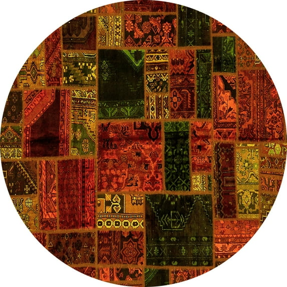 Ahgly Company Machine Washable Indoor Round Oriental Yellow Modern Area Rugs, 6' Round