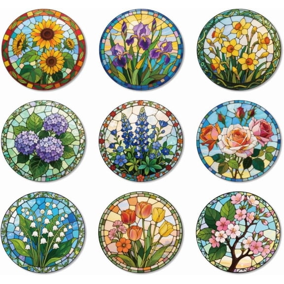 9 Pcs Wood Coasters for Drinks Flowers and Stained Glass Colorful Wooden Cup Mat for Coffee Table Decor 3.9" Non-Slip Desk Coasters for Home Apartment Office Bar
