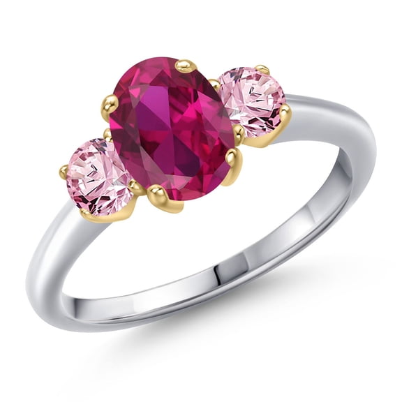Gem Stone King 10K Two Tone Gold Red Created Ruby and Pink Lab Grown Diamond Engagement Ring for Women | 1.85 Cttw | Oval 8X6MM | Gemstone July Birthstone | Size 8