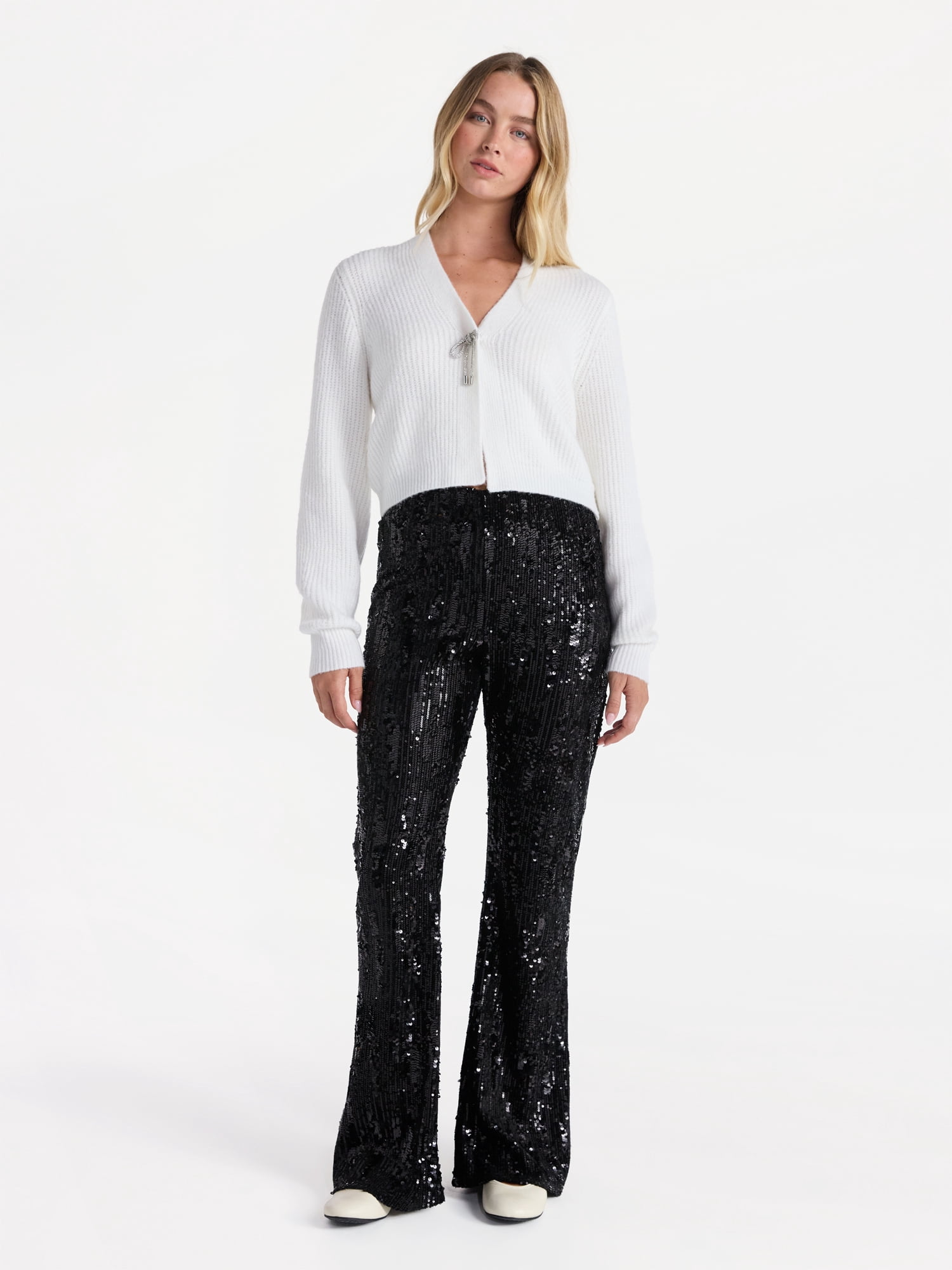 No Boundaries Sequin Flare Pants, Women's and Women's Plus