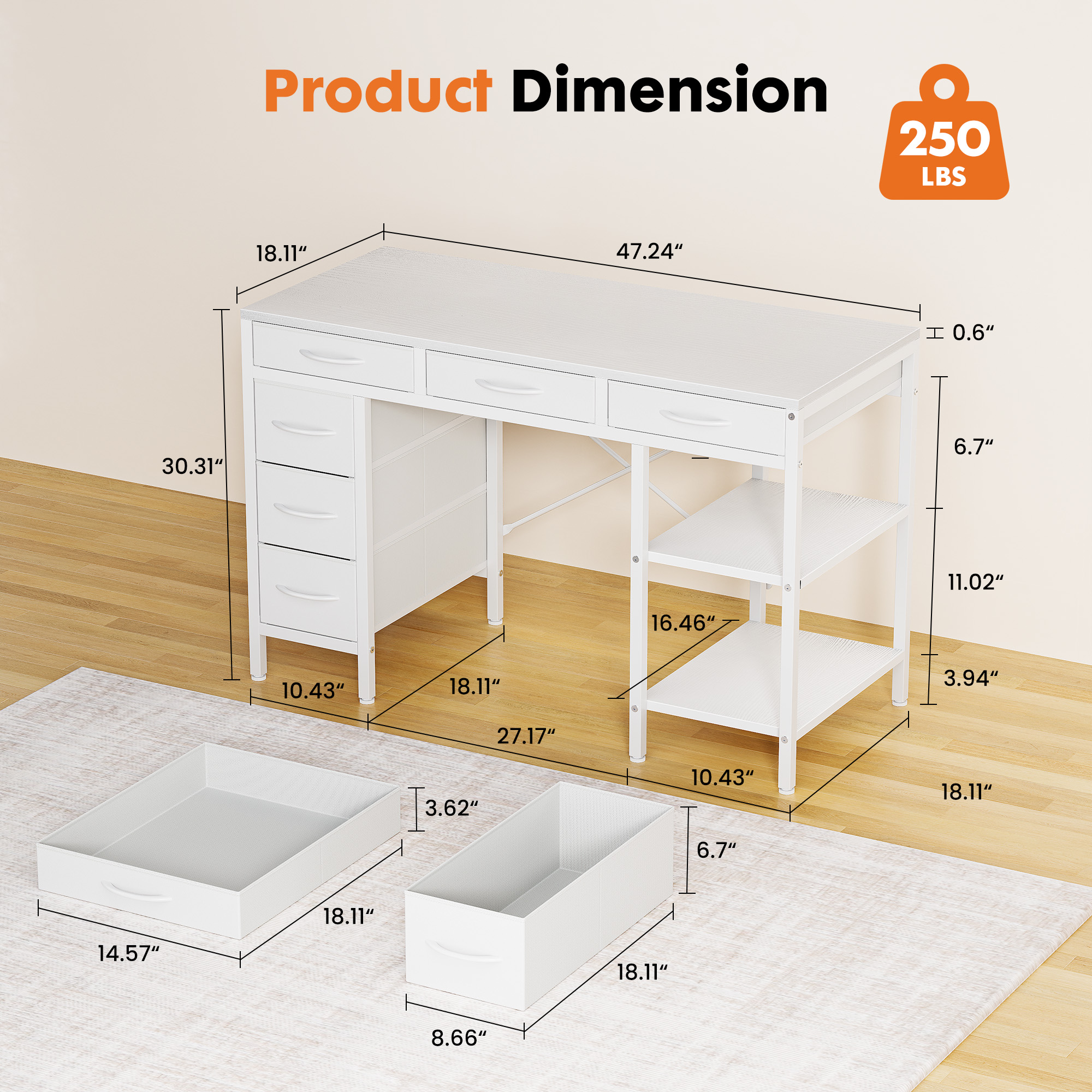 MCQ 47 Inch Computer Desk include 6 Drawers with 2 Empty Shelves, White