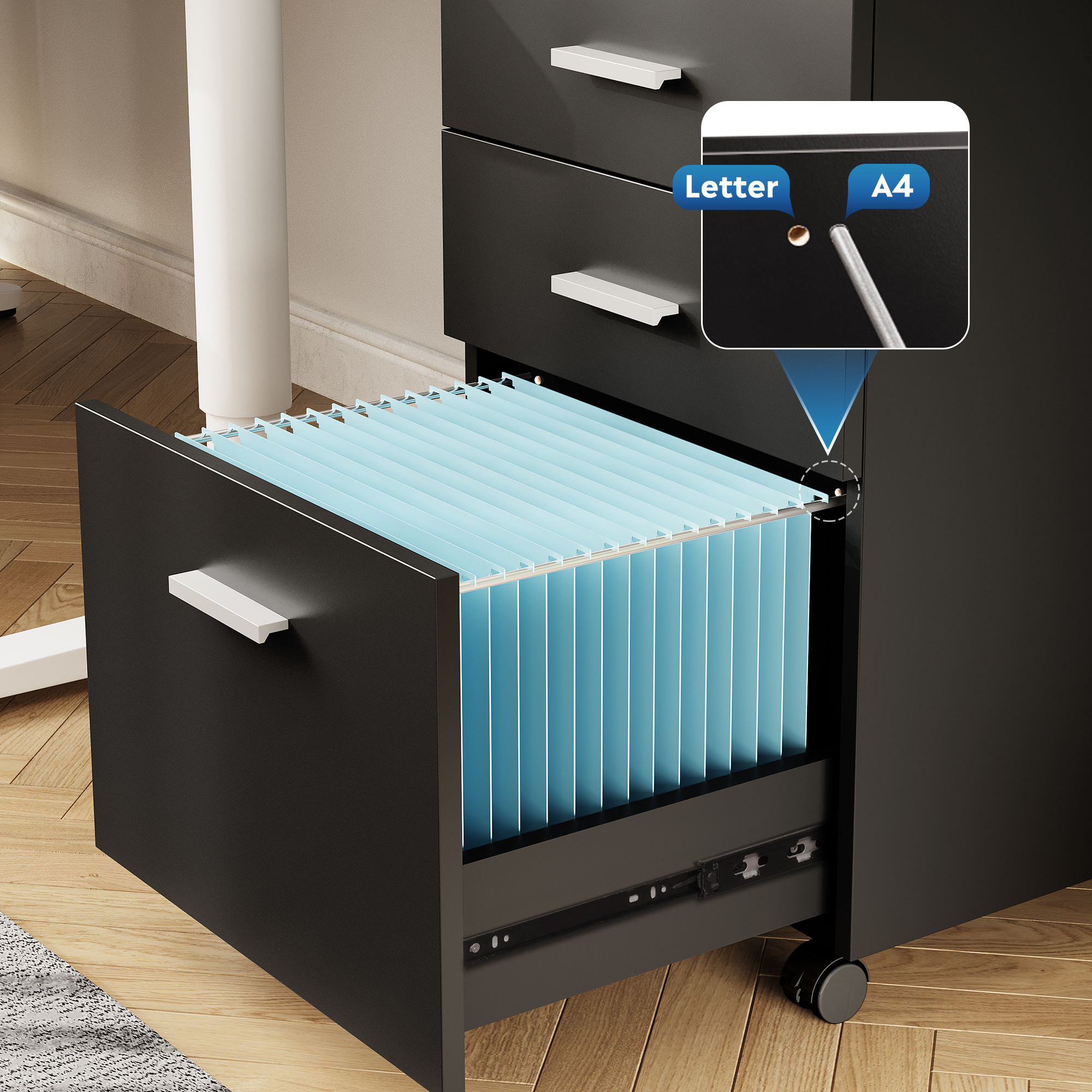 GALAXHERO 3-Drawer Wood Mobile Filing Cabinet, Rolling File Cabinet for Home Office, Fits Letter/A4 Size, Printer Stand, Black