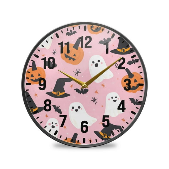 Yayeee Wall Clock Battery Operated 9.5" Silent Quartz Non-Ticking for Living Room Decor, Pink Halloween Ghosts