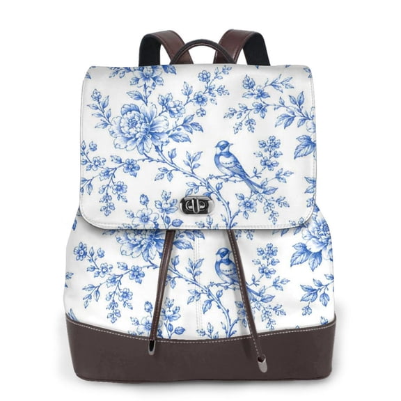 Blue Bird Floral Women's Leather Backpack All-Over Print Bag for Work and Travel