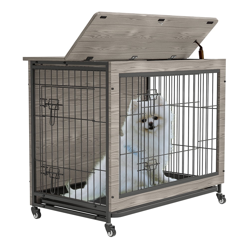 Kadyn Modern Kennel for Dogs Indoor up to 80 lb, Dog Crate Furniture, Side End Table, Heavy-Duty Dog Cage with Multi-Purpose Removable Tray, Double-Door Dog House, Gray