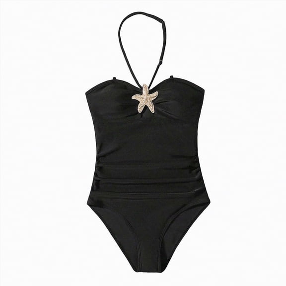 enyan Girl's One Piece Swimsuits Metal Starfish Ruched Cut Out Halter Bathing Suits,Black,15-16 Years
