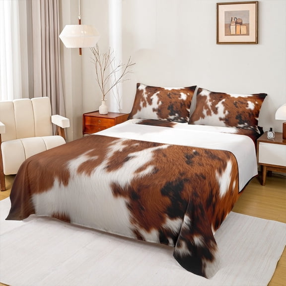 Manfei Brown Cow Print Bed Sheets for Adult, Rustic Farmhouse King Sheets, Modern Fashion Sheet Set, Breathable Home Decor, 4 Pieces
