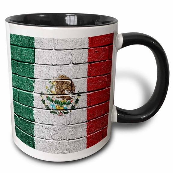 3drose, National Flag of Mexico Painted onto a Brick Wall Mexican, 11oz Two-tone Black Mug