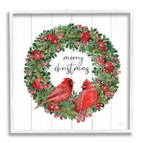 Merry Christmas Red Cardinal Wreath Holiday Graphic Art White Framed Art Print Wall Art