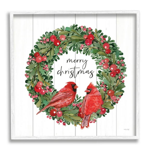 Merry Christmas Red Cardinal Wreath Holiday Graphic Art White Framed Art Print Wall Art
