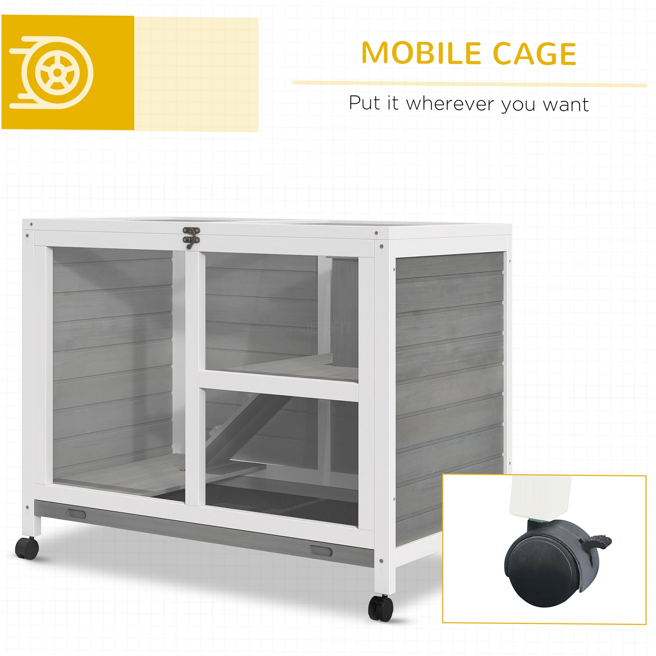 JERFIT 36" Rolling Rabbit Hutch with Wheels, Waterproof Wooden Bunny Cage Indoor, Portable Small Animal Home with Lockable Door & Leak-Proof Tray, Desk Side Table Size, Gray