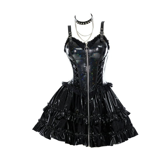 MEOWCOS Women's Gothic Camisole Dress PU Leather A-Line Dress with Choker and Sleeves, M
