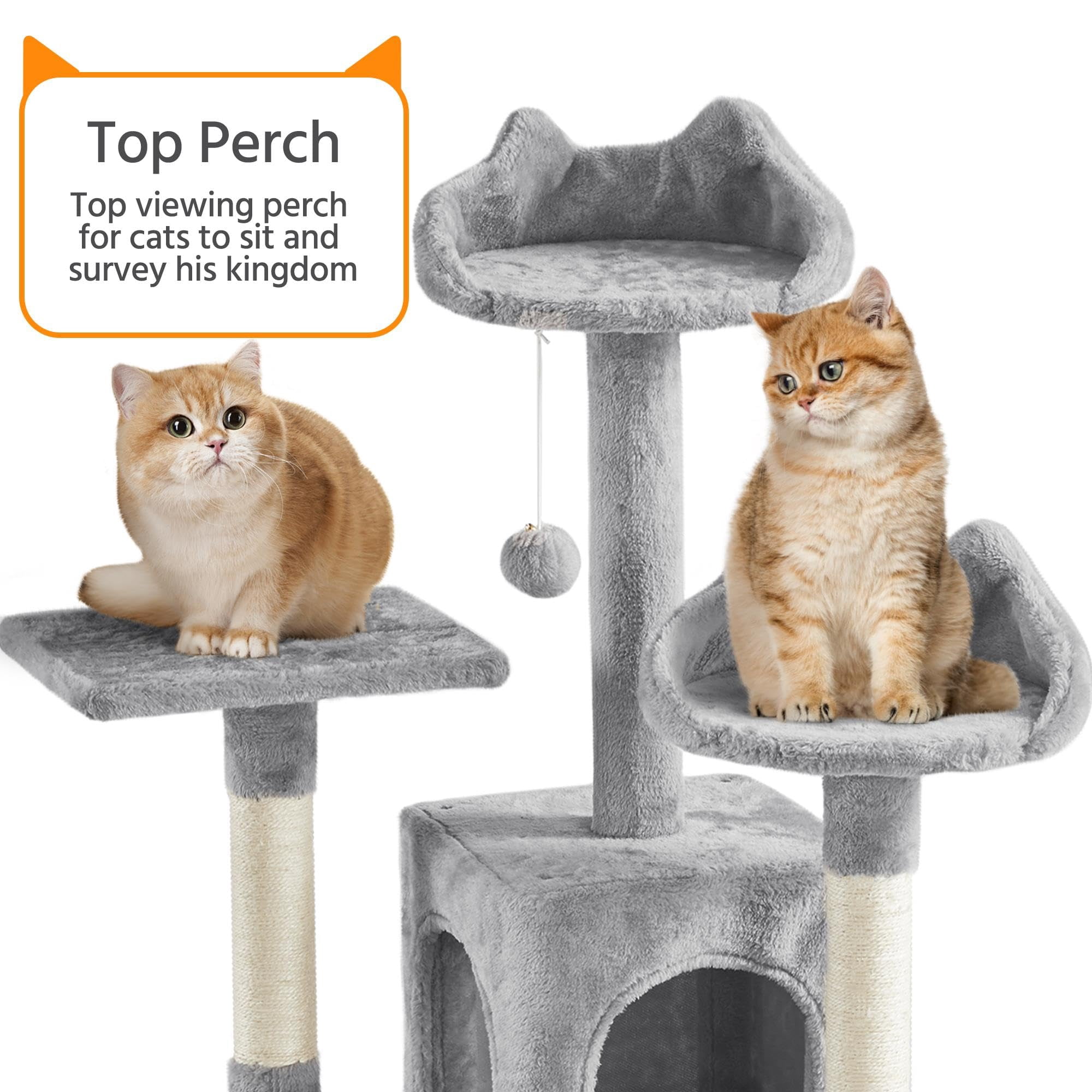 XL Cat Tree Tower with 2 Cozy Caves, 3 Perches, Scratching Posts, Board, Dangling Ball, Multi-Level Playhouse for Kittens and Adult Cats, Light Gray