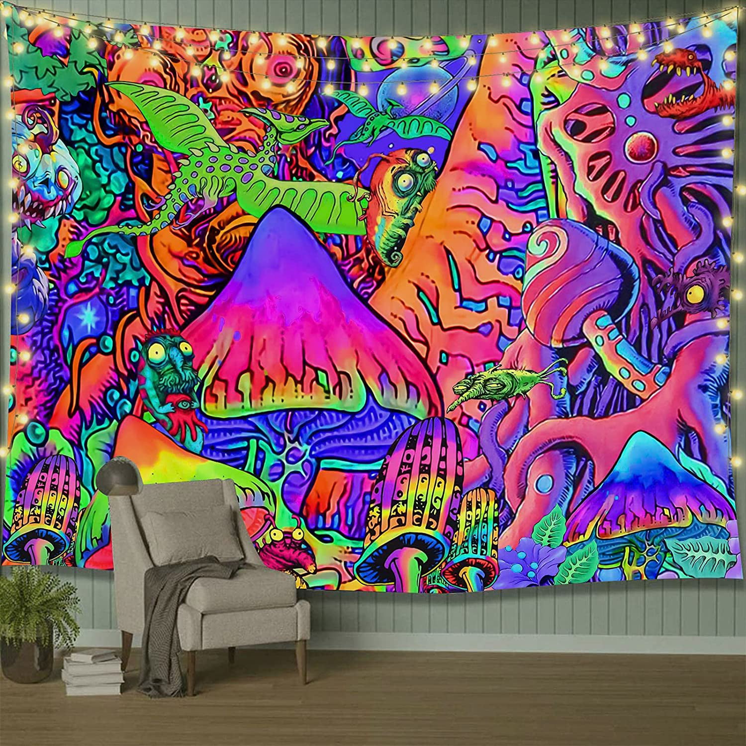 Colorful Psychedelic Mushrooms Wall Hanging Tapestry Hippie Bedroom Background 