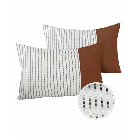 Pack of 2 Outdoor Pillow Covers, Boho Brown Leather Texture Black Striped Tribal Style Waterproof Square Throw Pillowcase Cushion Decorative Pillow Covers for Couch Patio Tent, 20x12 in